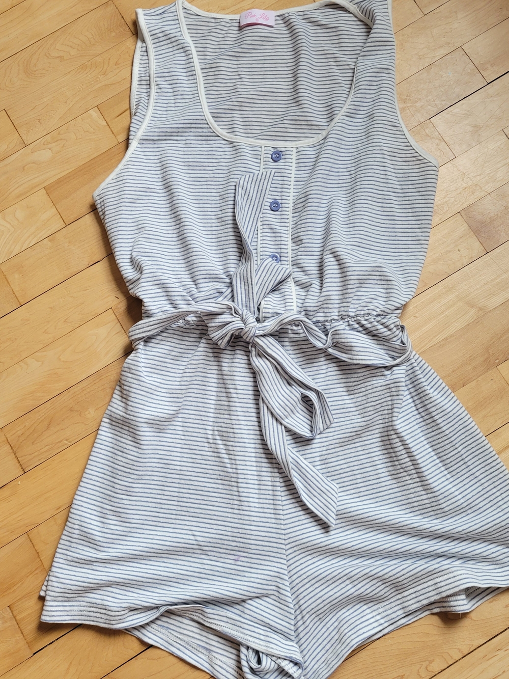Striped Sleeveless Tie-Waist Romper in Light Blue/gray